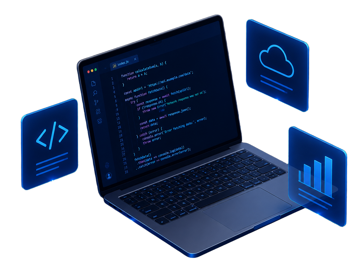 Isometric laptop showing code surrounded by floating cloud, code and analytics cards